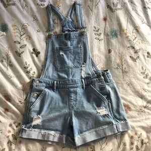 Hollister light wash short overalls